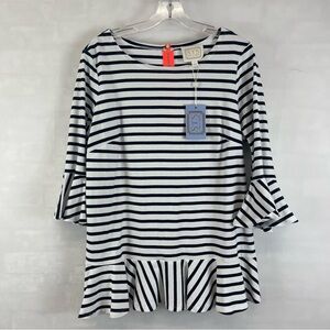 Sail to Sable Navy & White Stripe‎ Ruffle-Hem Top Size L NWT